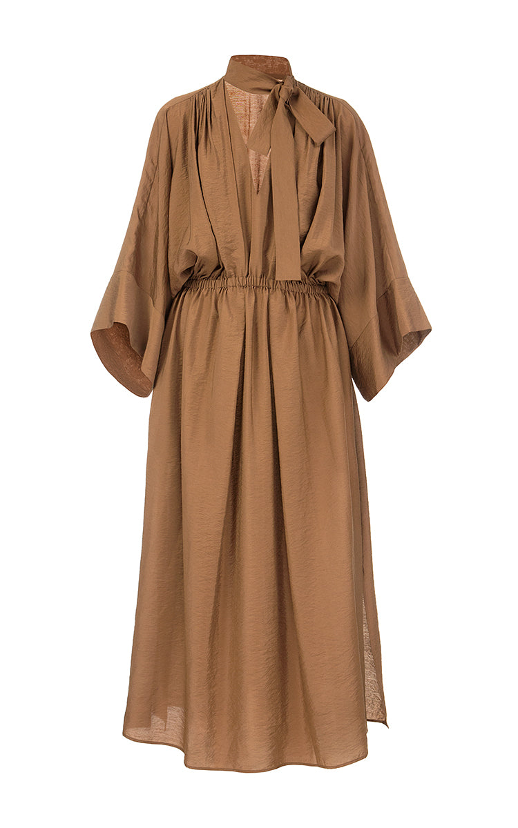 Brown Batiste Dress with Oversize Sleeves