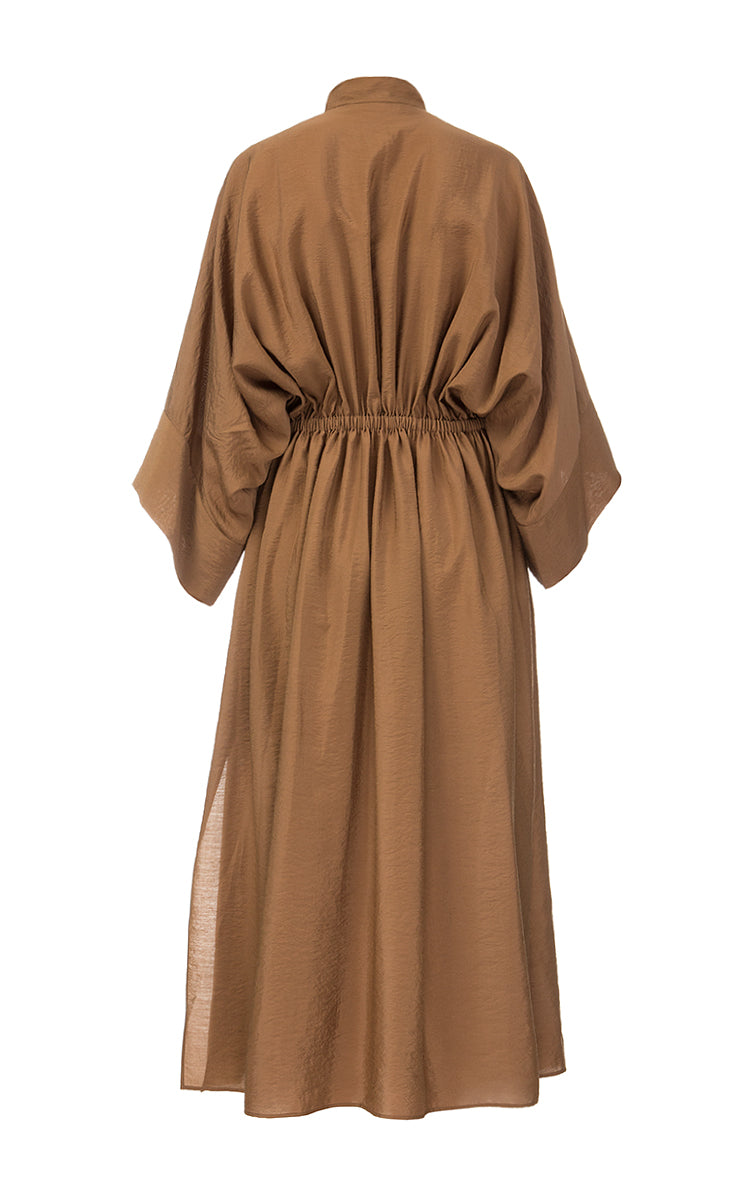 Brown Batiste Dress with Oversize Sleeves